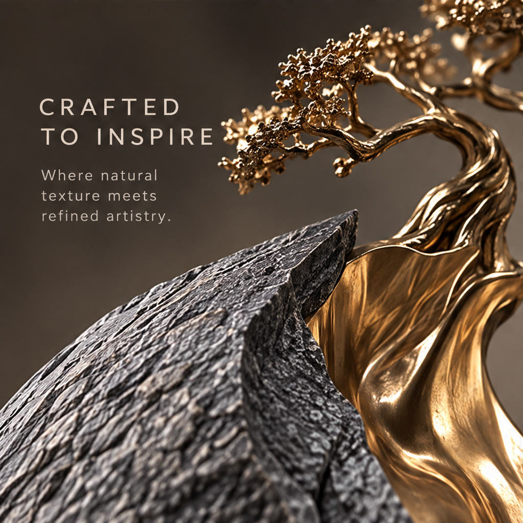 Angled view showing the textured gray exterior and flowing gold-tone recess