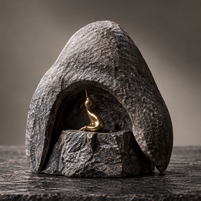 Angled view of the textured grotto and curling gold-tone accent