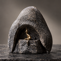 Angled view of the textured grotto and curling gold-tone accent