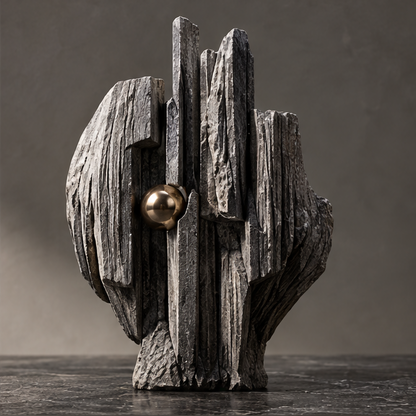 Close-up of the reflective gold-tone orb and rugged gray texture