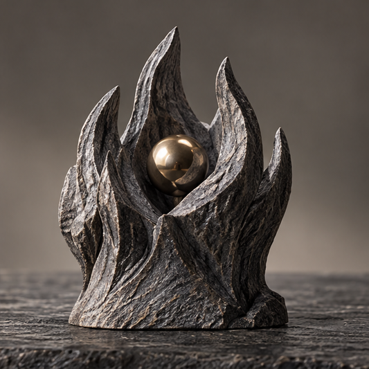 Charcoal-gray flame-inspired sculpture surrounding a gold-tone orb, without text