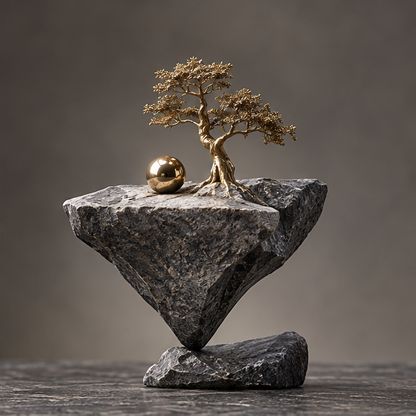 Close-up of the gold-tone tree roots, foliage and reflective orb