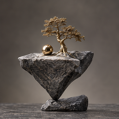 Close-up of the gold-tone tree roots, foliage and reflective orb