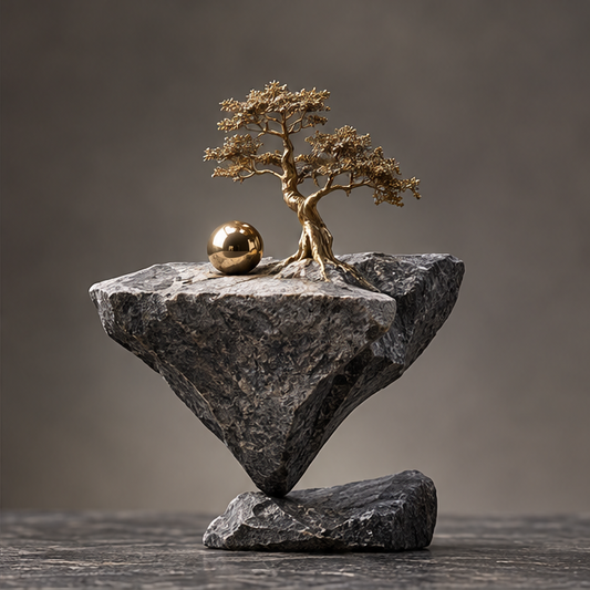 Close-up of the gold-tone tree roots, foliage and reflective orb