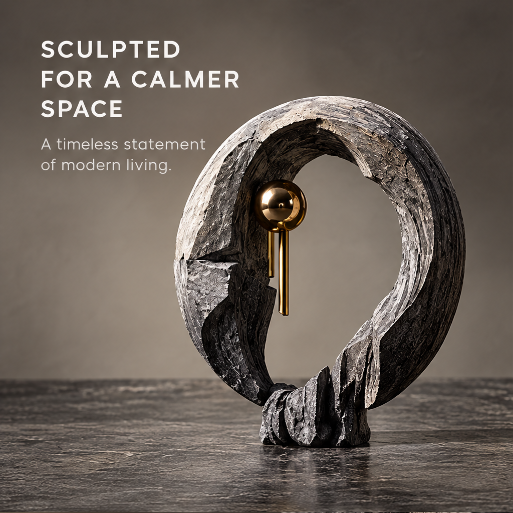 Front view of the open-ring sculpture with gold-tone accents