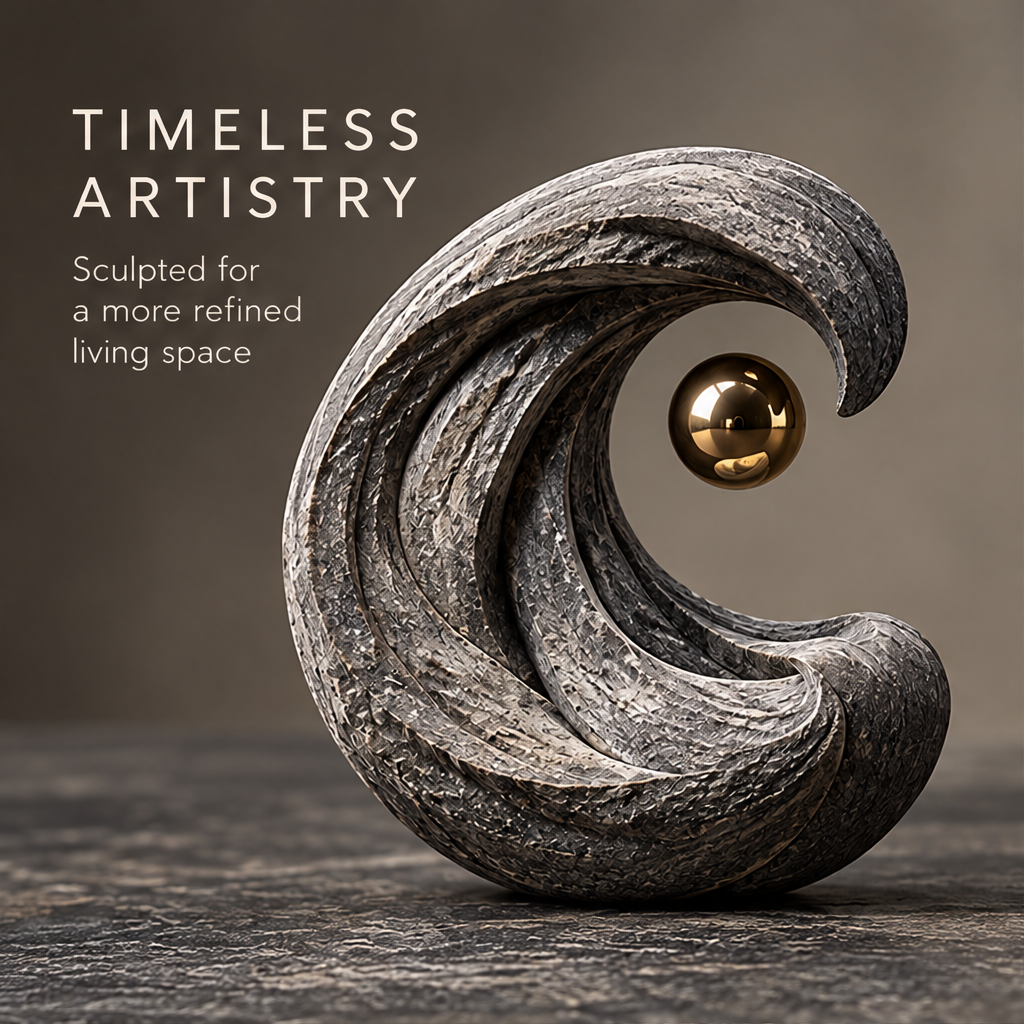 Textured gray cresting wave sculpture framing a gold-tone orb, without text