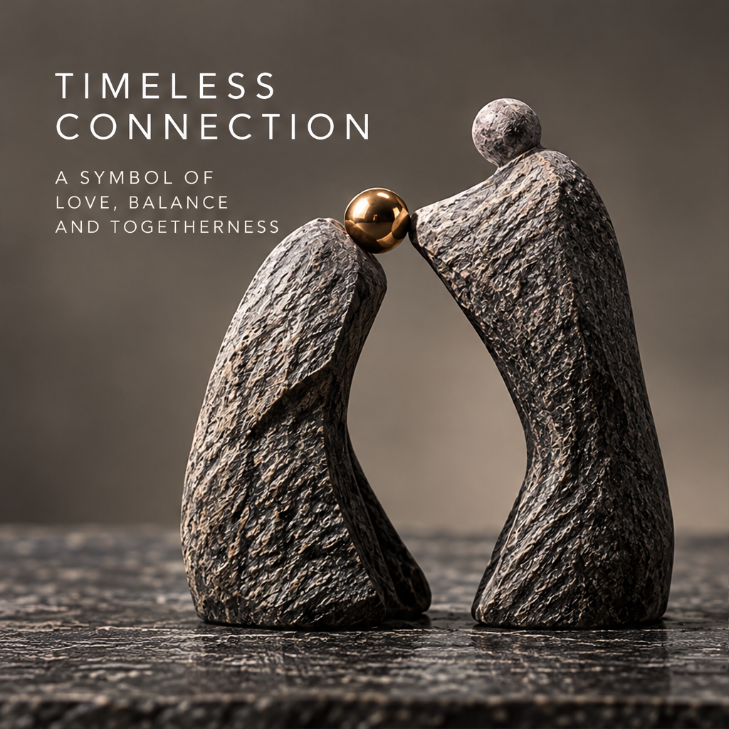 Two textured gray forms leaning toward a gold-tone orb, front view without text