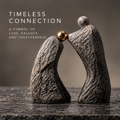 Two textured gray forms leaning toward a gold-tone orb, front view without text