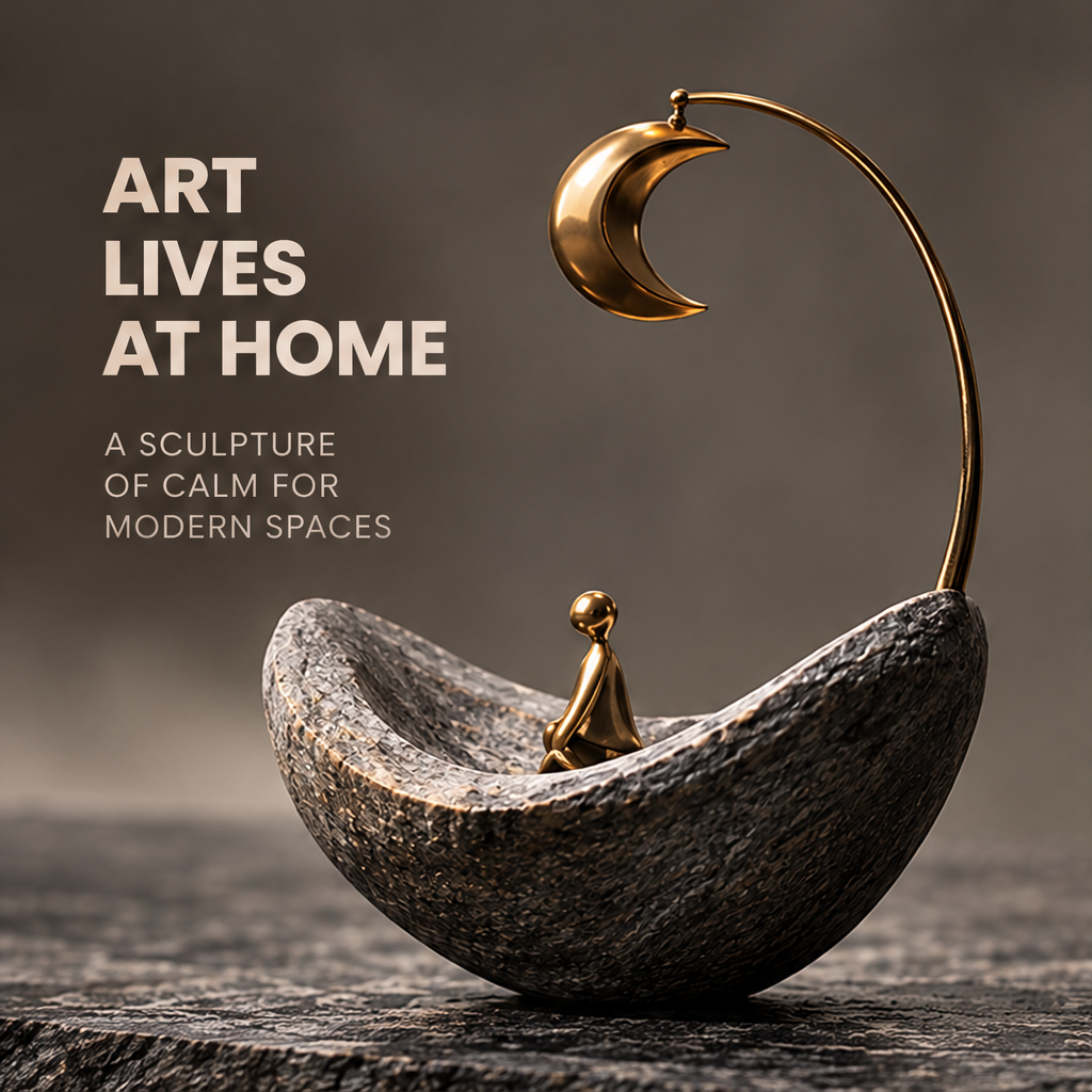 Moon and seated figure sculpture styled on a console