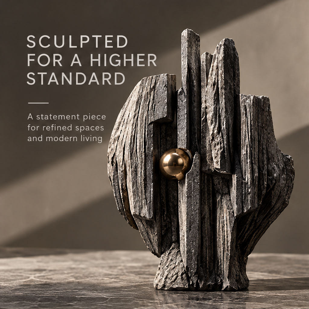 Layered peak sculpture showing staggered vertical forms and gold-tone orb