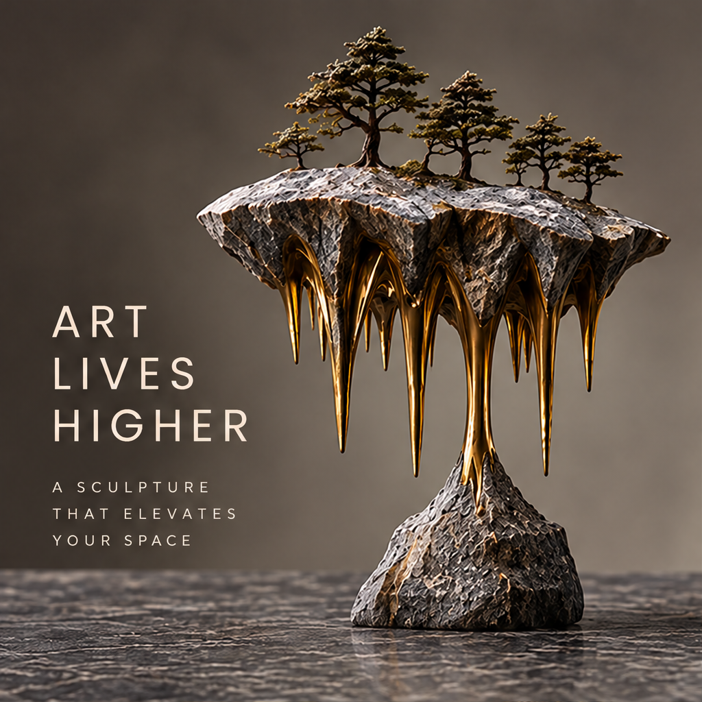 Miniature forest island sculpture with descending gold-tone points and a gray base, without text