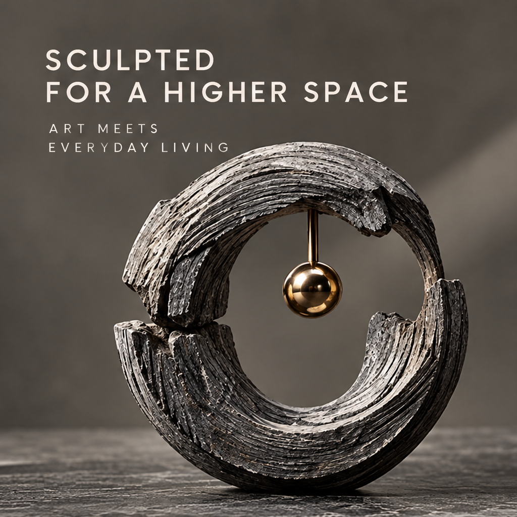 Angled view of the textured split halo and suspended gold-tone sphere