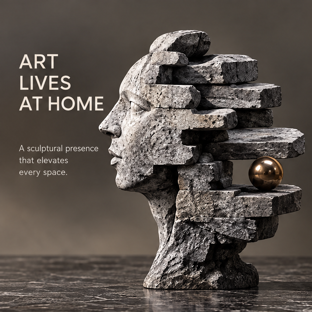 Face sculpture showing the defined profile and staggered horizontal layers