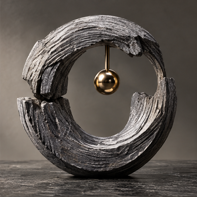 Close-up of the curved ridges and reflective gold-tone orb