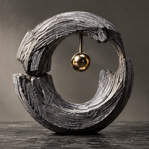 Close-up of the curved ridges and reflective gold-tone orb