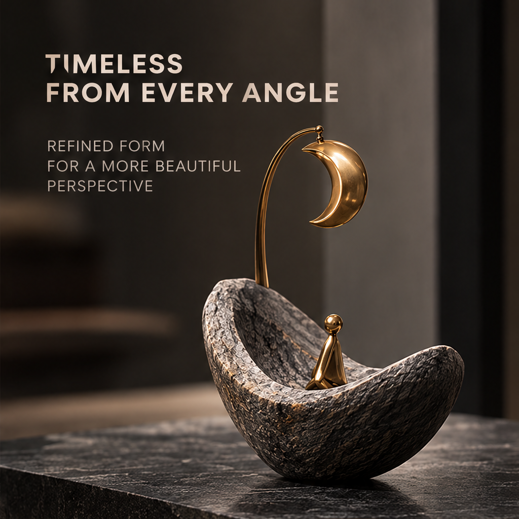 Close-up of the reflective gold-tone crescent and seated figure