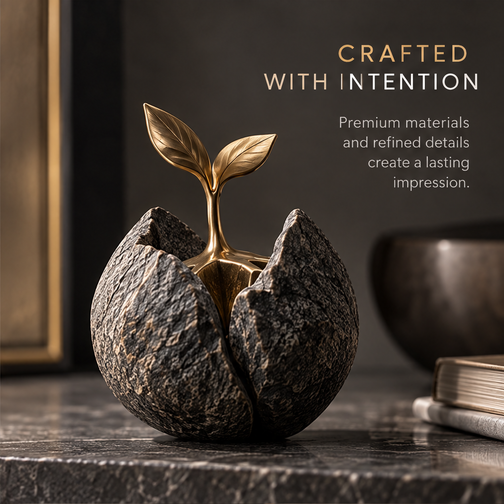 Angled view of the sprout sculpture styled beside books