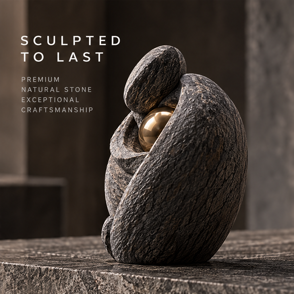 Textured gray abstract figure cradling a gold-tone orb, front view without text