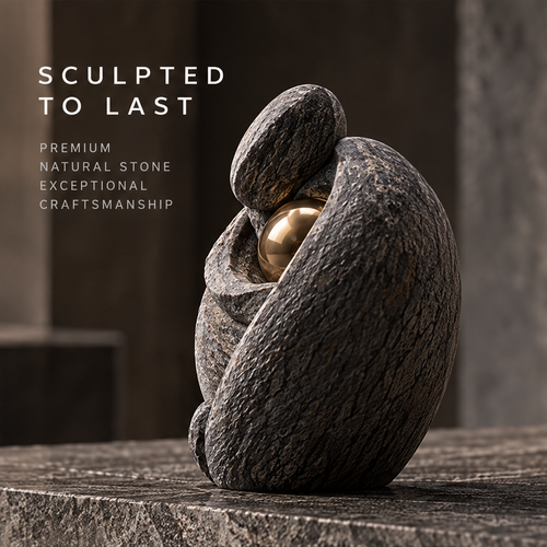 Textured gray abstract figure cradling a gold-tone orb, front view without text
