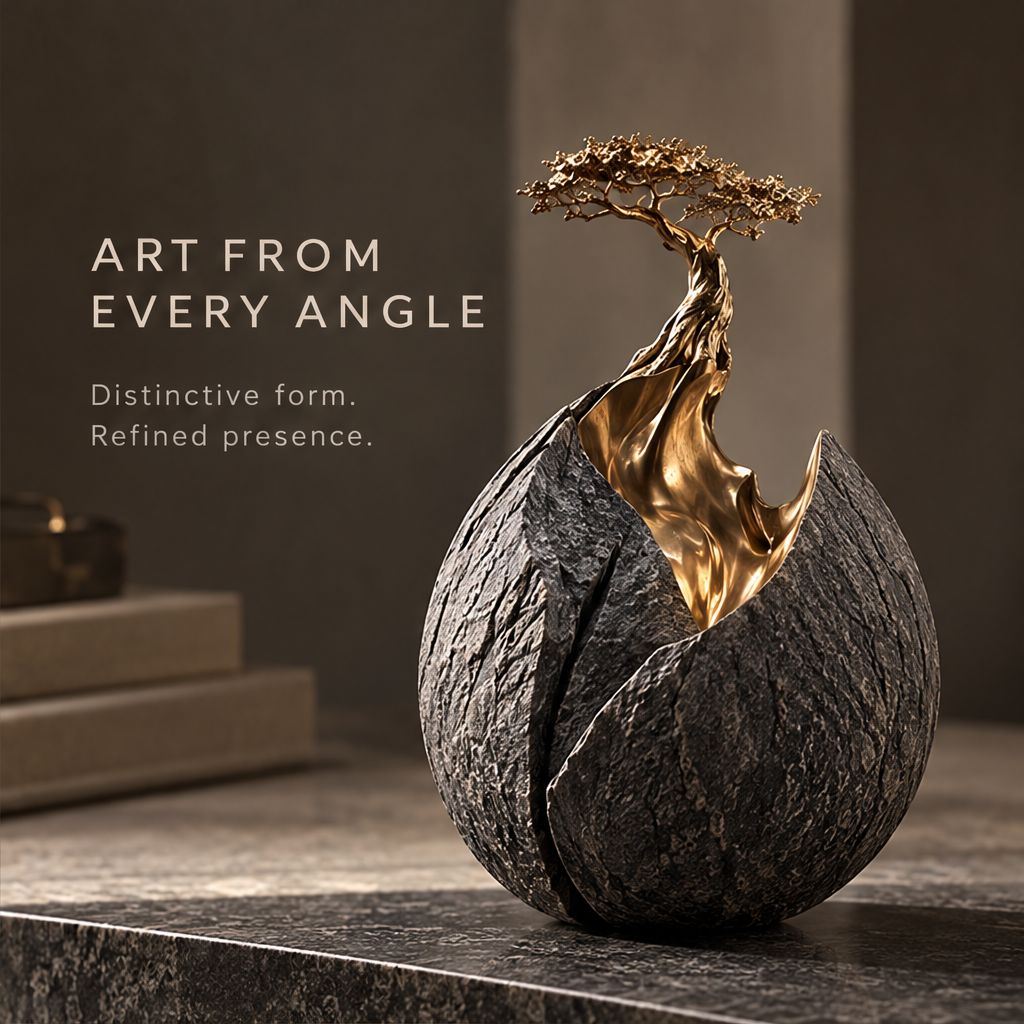 Golden tree sculpture displayed on a console