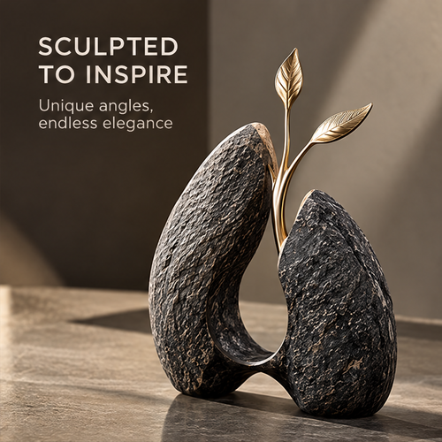 Textured gray open-form sculpture with two gold-tone leaves, front view without text
