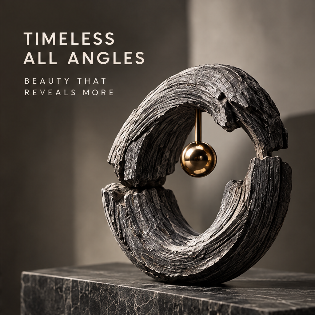 Charcoal-gray split halo sculpture with a suspended gold-tone orb, front view without text