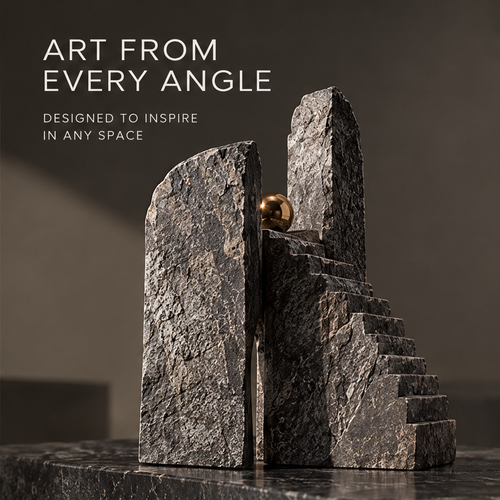 Textured gray ascending stairway sculpture with a gold-tone orb, without text
