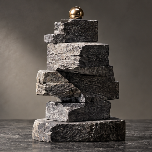 Stacked tower sculpture showing staggered layers and angled sections