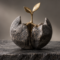 Gold-tone two-leaf sprout emerging from a textured gray cracked sphere, without text