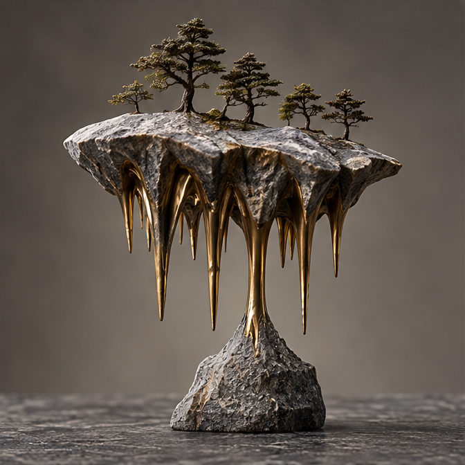 Front view of the tree-covered plateau and elongated gold-tone underside