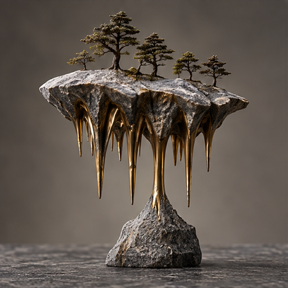 Front view of the tree-covered plateau and elongated gold-tone underside