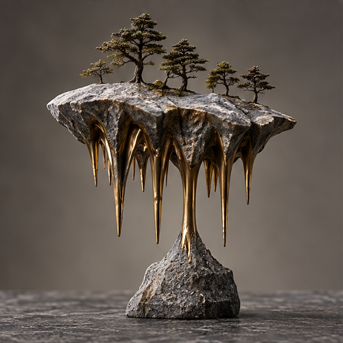 Front view of the tree-covered plateau and elongated gold-tone underside