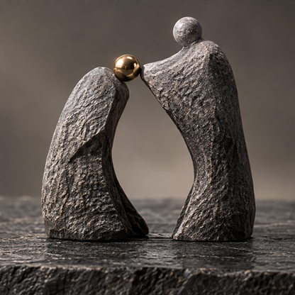 Close-up of the reflective gold-tone orb and textured gray surfaces