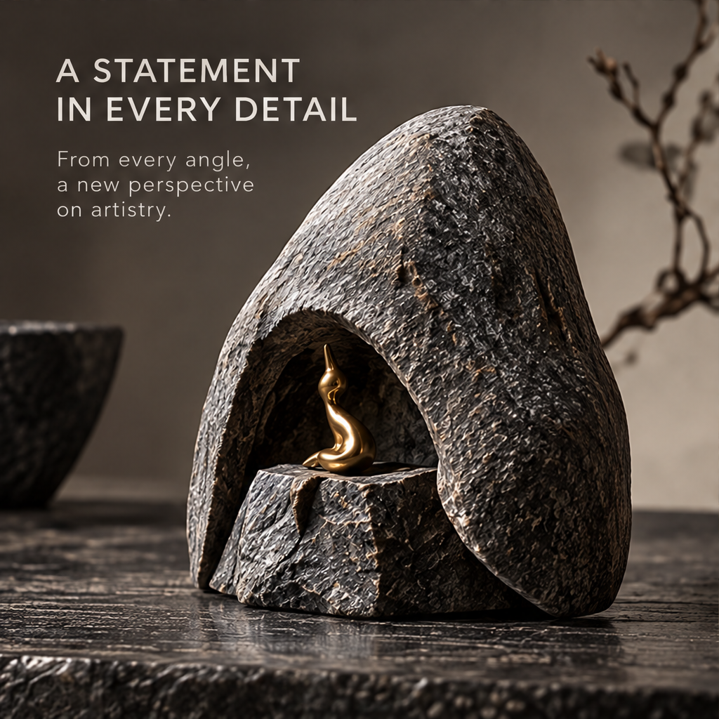 Textured gray grotto sculpture with a gold-tone flame-like accent, without text