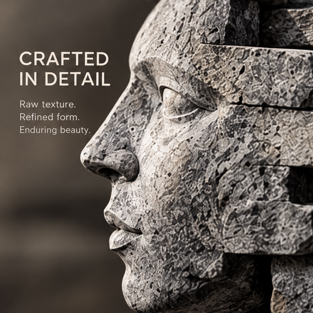 Close-up of the facial features and pitted gray texture