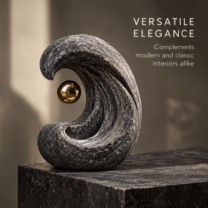 Opposite view of the curling wave silhouette and central gold-tone sphere