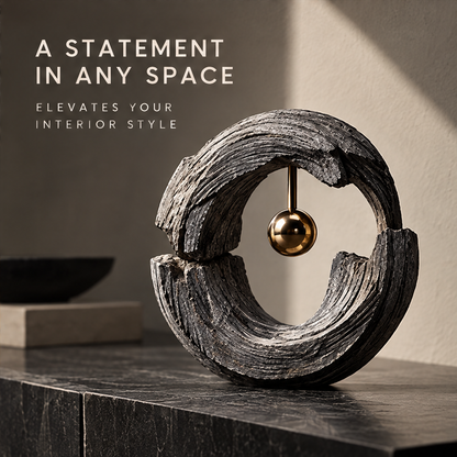 Split halo sculpture displayed on a console beside a low bowl