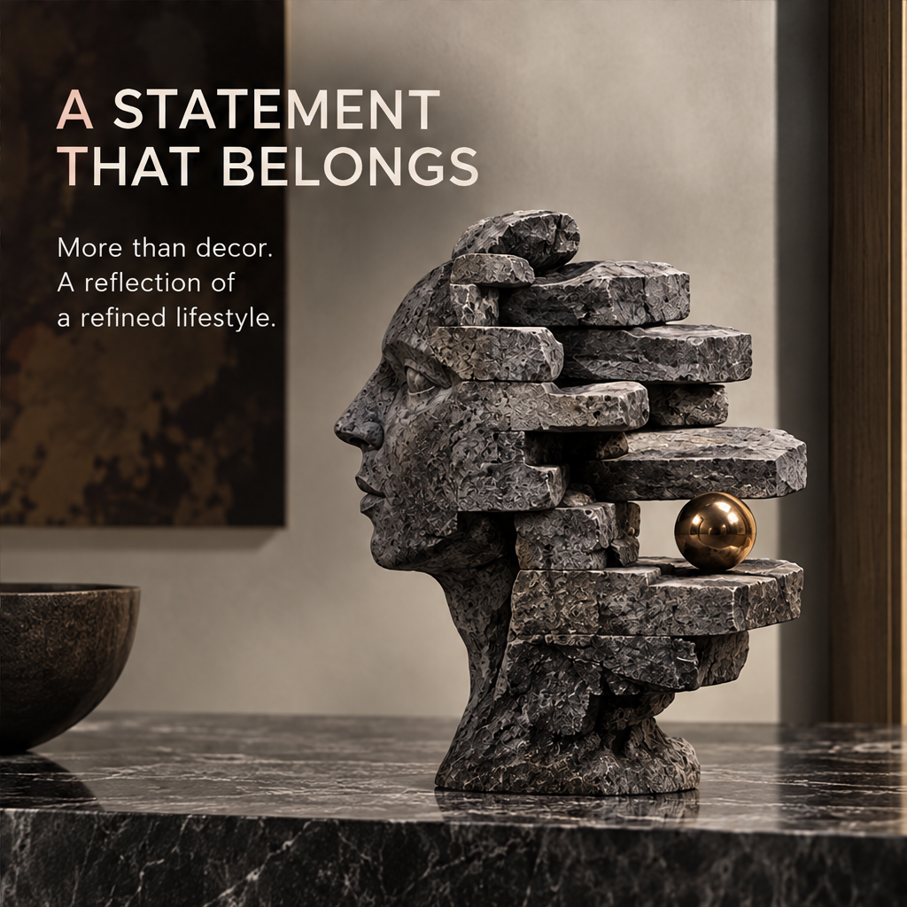 Gray layered face sculpture with a gold-tone orb, profile view without text