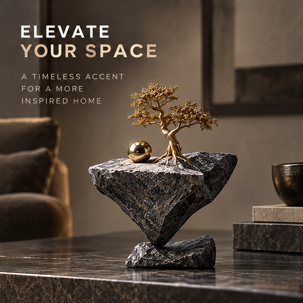 Gold-tone tree and orb on an inverted gray rock-like platform, without text