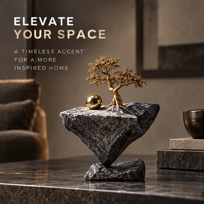 Gold-tone tree and orb on an inverted gray rock-like platform, without text