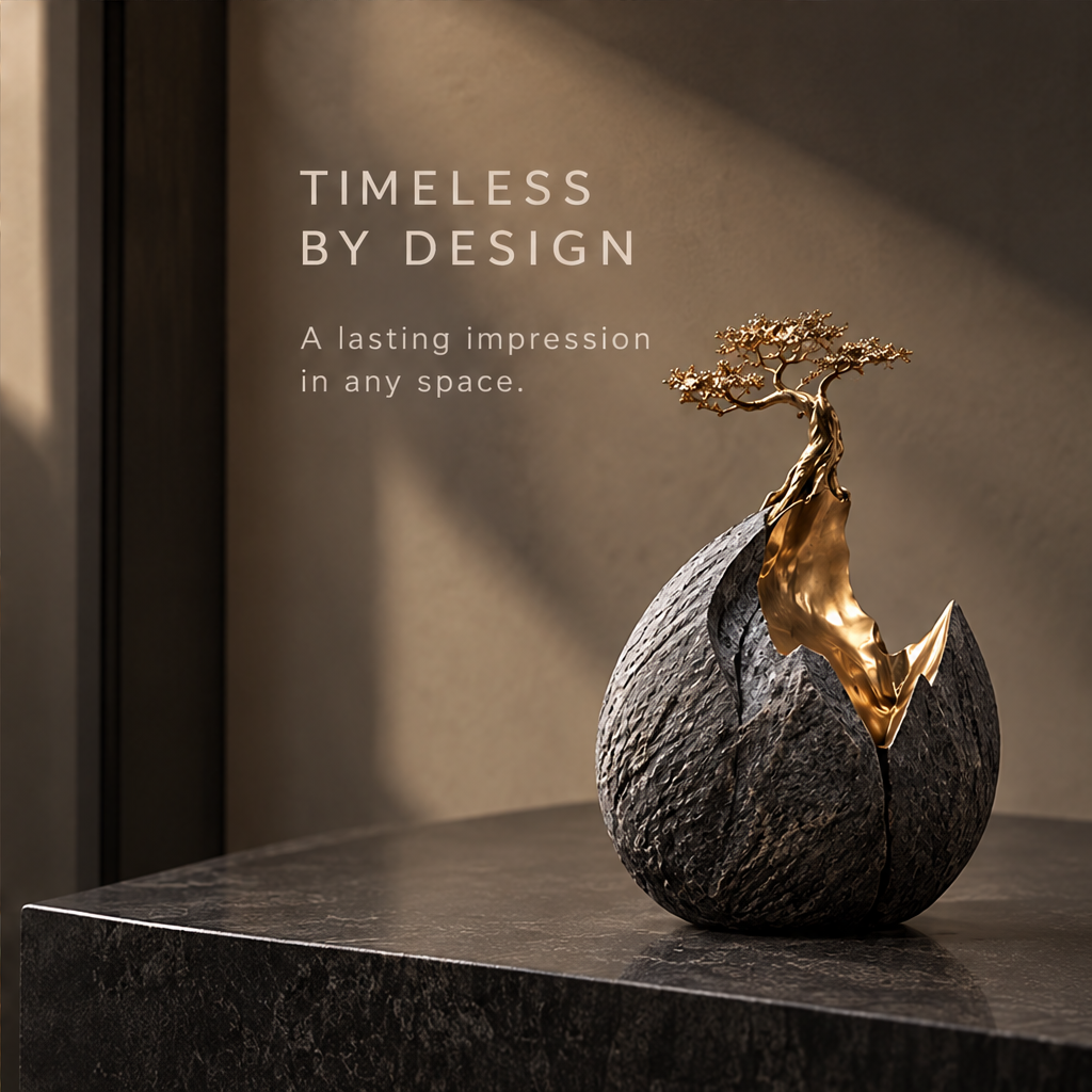 Gold-tone branching tree rising from a textured gray split shell, without text